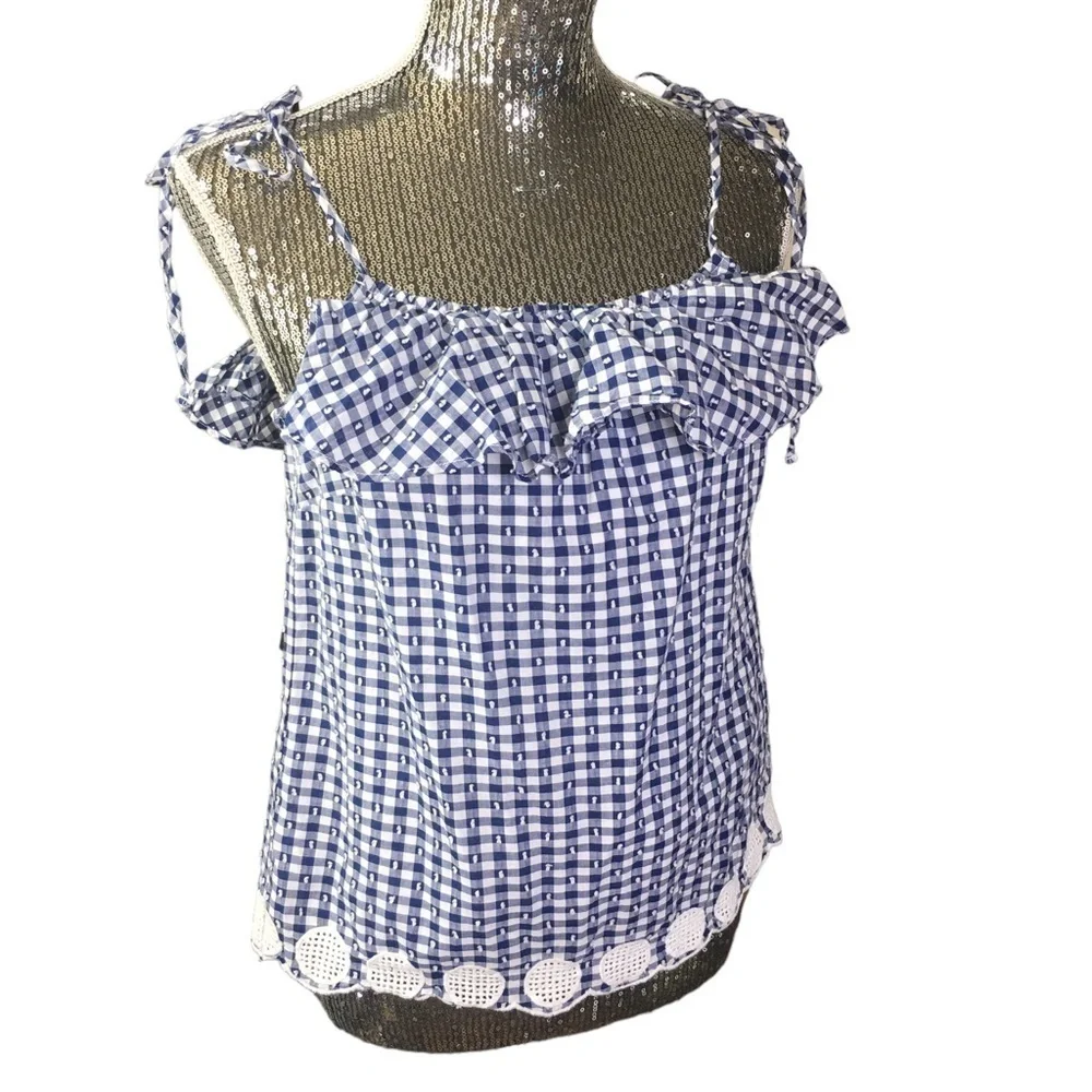 J.Crew Gingham plaid checkered ruffle eyelet tie shoulder top size 6 blue white